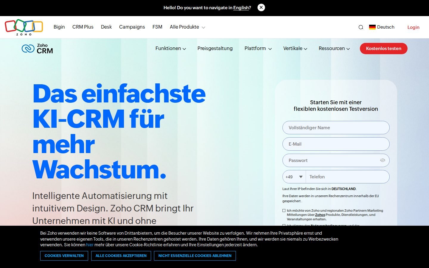 Zoho CRM homepage